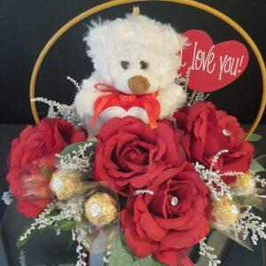 Valentine's Teddy, choc & silk rose arrangement